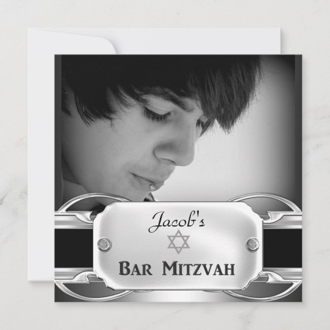 Convite Bar Mitzvah Preto Prata Metal masculino (Frente)