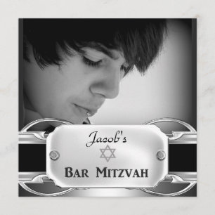Convite Bar Mitzvah Preto Prata Metal masculino