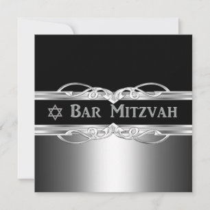 Convite Bar Mitzvah Preto Prata Metal Menino