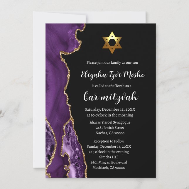 Convite Bar Mitzvah Preto Roxo e Dourado Moderno (Frente)