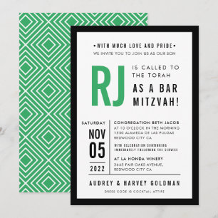Convite BAR MITZVAH preto verde-cinzento geométrico