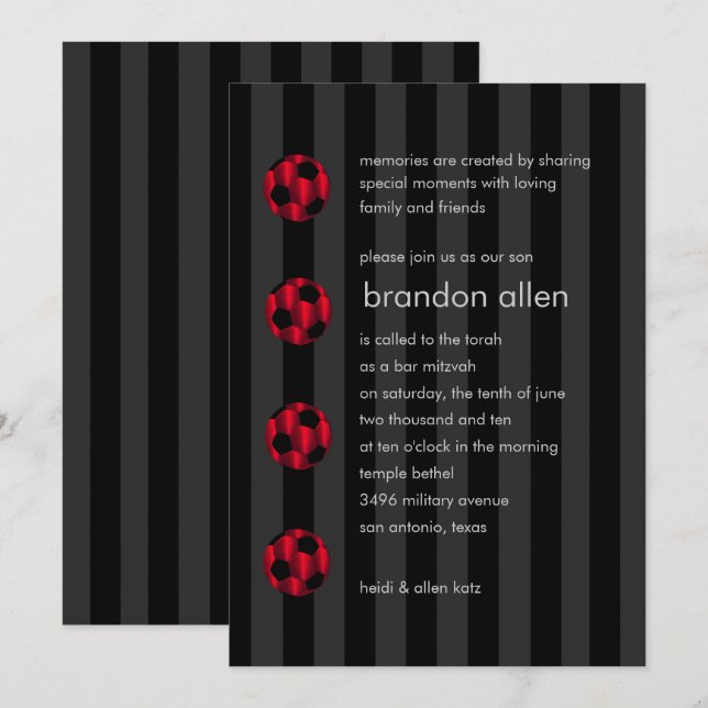 Convite Bar Mitzvah Red e Black Soccer Ball (Frente/Verso)