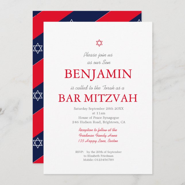 Convite Bar Mitzvah Red Pattern Star de David Judeu (Frente/Verso)