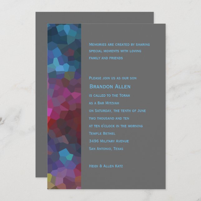 Convite Bar Mitzvah Red Purple Blue Cinza Design Abstrato (Frente/Verso)