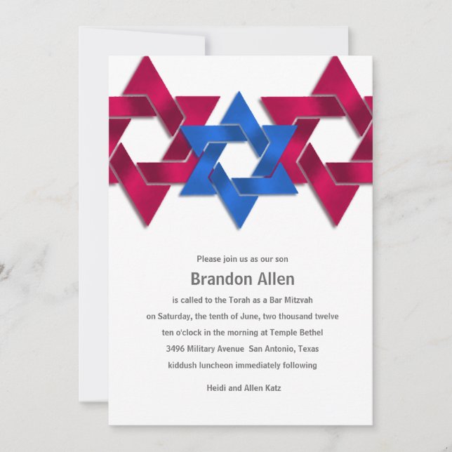 Convite Bar Mitzvah Red White Blue Star (Frente)