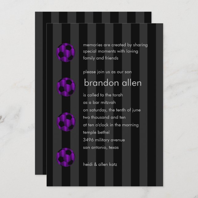 Convite Bar Mitzvah Roxo e Bola Negra de Futebol (Frente/Verso)