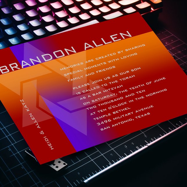 Convite Bar Mitzvah Roxo e Laranja em Qualquer Cor (Criador carregado)