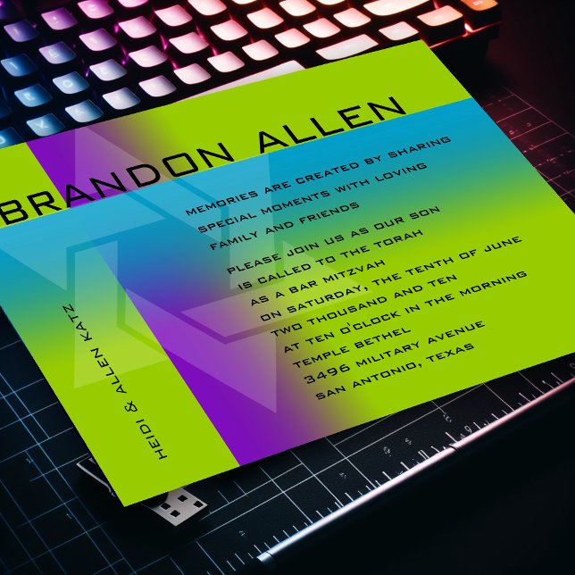 Convite Bar Mitzvah Roxo e Turquesa em Qualquer Cor (Criador carregado)