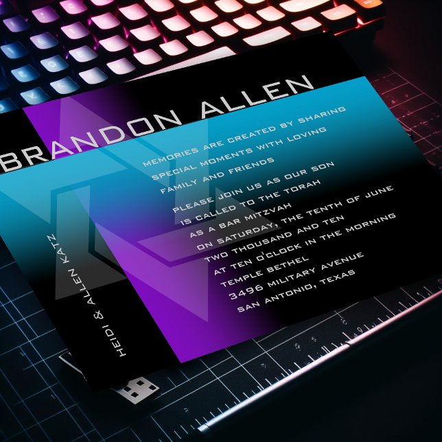 Convite Bar Mitzvah Roxo e Turquesa em Qualquer Cor (Criador carregado)