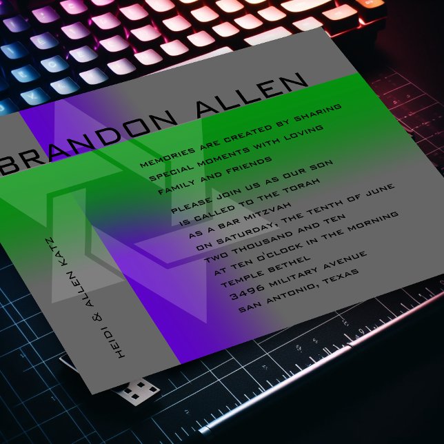 Convite Bar Mitzvah Roxo e Verde em Qualquer Cor (Criador carregado)
