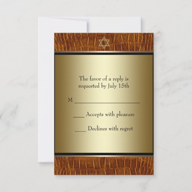 Convite Bar Mitzvah RSVP de Couro Marrom e Preto (Frente)