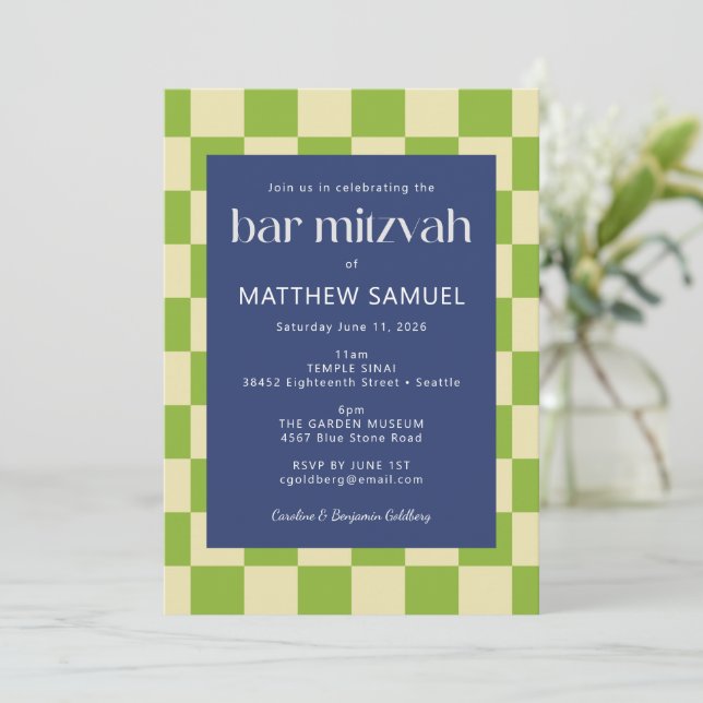 Convite Bar Mitzvah RSVP do Quadro de Verificação Verde Az (Em pé/Frente)