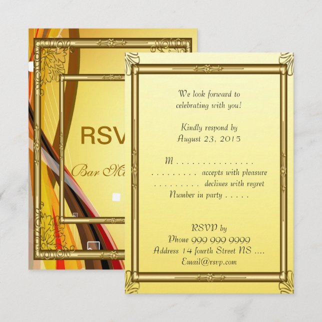 Convite Bar Mitzvah RSVP Dourado 2 (Frente/Verso)