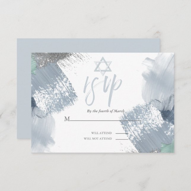 Convite Bar Mitzvah RSVP Dusty Blue Chic Brushstrokes (Frente/Verso)