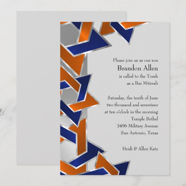 Convite Bar Mitzvah Silver Blue Orange Star (Frente/Verso)