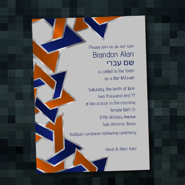 Convite Bar Mitzvah Silver Blue Orange Star (Criador carregado)