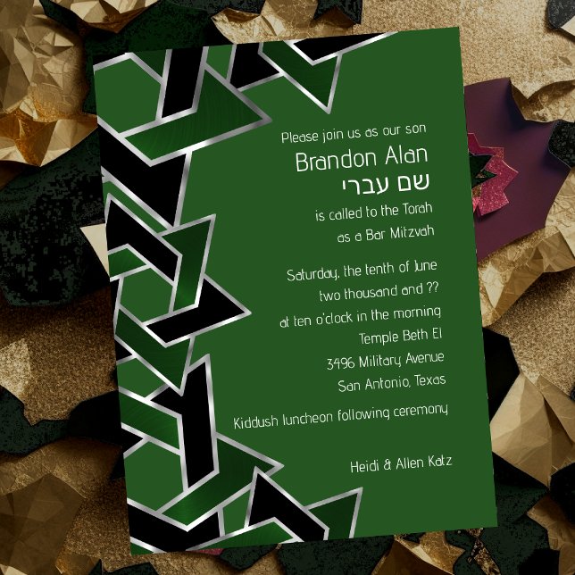 Convite Bar Mitzvah Silver Estrela Negra Verde de David (Criador carregado)