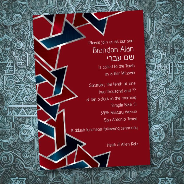 Convite Bar Mitzvah Silver Marinho Estrela Vermelha Azul d (Criador carregado)