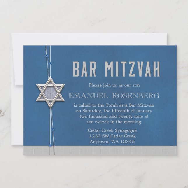 Convite Bar Mitzvah Silver Star Miçangas azuis (Frente)