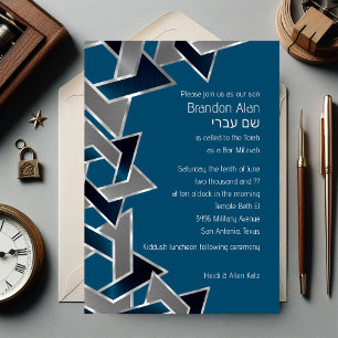 Convite Bar Mitzvah Silver Teal Blue Cinza Estrela de Davi