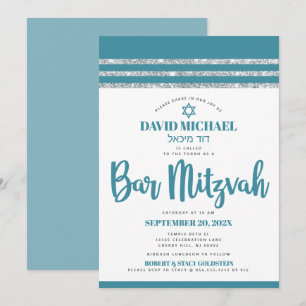 Convite Bar Mitzvah Simple Modern Bold Teal Silver Tallit 