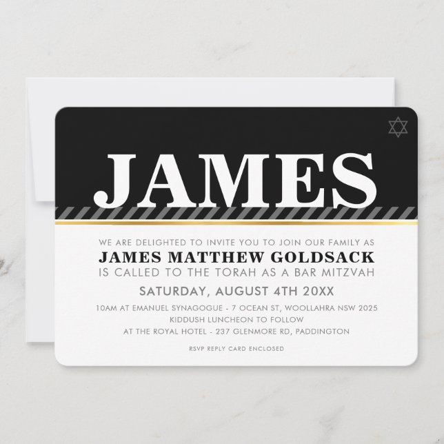 Convite BAR MITZVAH SIMPLES estrela judaica moderna preto  (Frente)