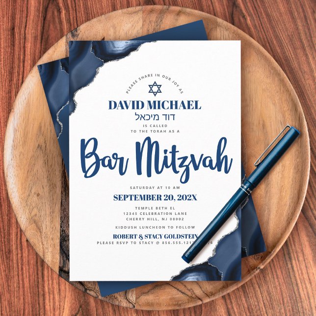 Convite Bar Mitzvah Simples Moderno Azul Marinho Ágata Scr (Criador carregado)