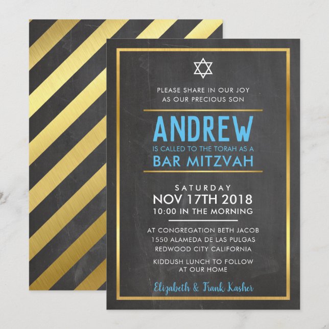 Convite BAR MITZVAH smart bold tipo dourado quadro negro a (Frente/Verso)
