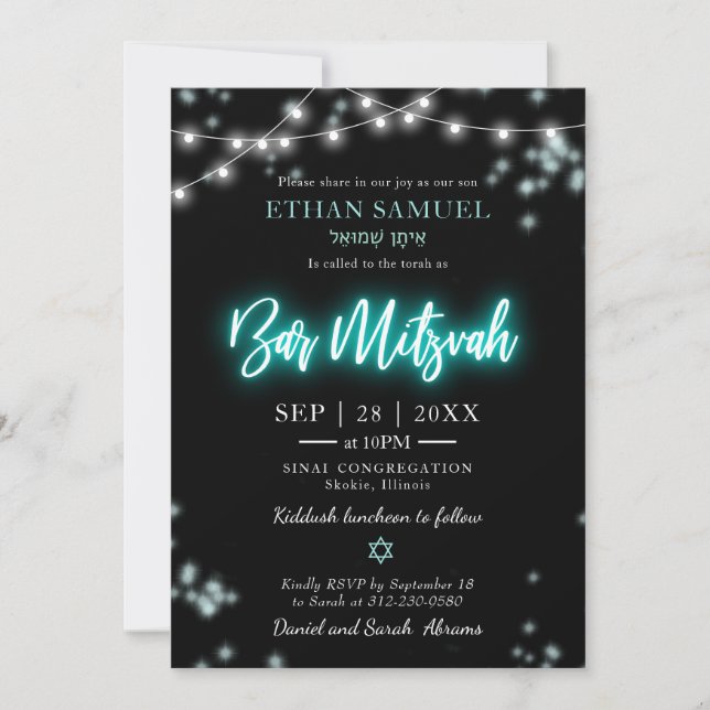 Convite Bar Mitzvah Tema Neon Turquesa (Frente)