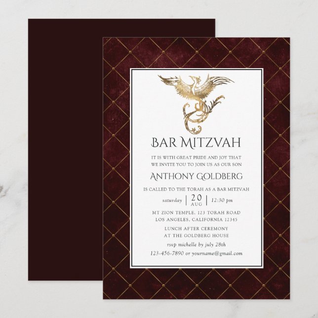 Convite Bar Mitzvah temático de Dragão Dourado e Borgonha  (Frente/Verso)