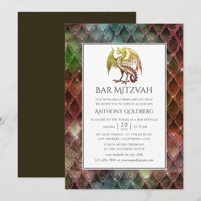 Convite Bar Mitzvah temático Faux Glitter Dragon (Frente/Verso)