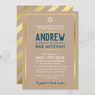 Convite BAR MITZVAH, tipo azul-kraft-ouro, inteligente, ne