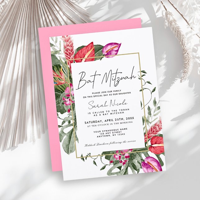 Convite Bar Mitzvah Tropical Floral Rosa e Vermelho (Criador carregado)