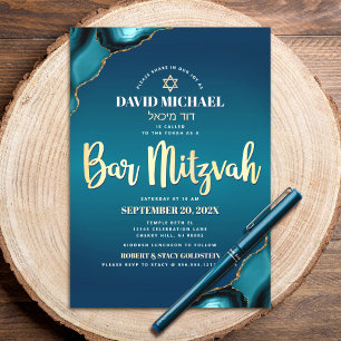 Convite Bar Mitzvah Turquesa Ombre Ágata Dourado Script Ne