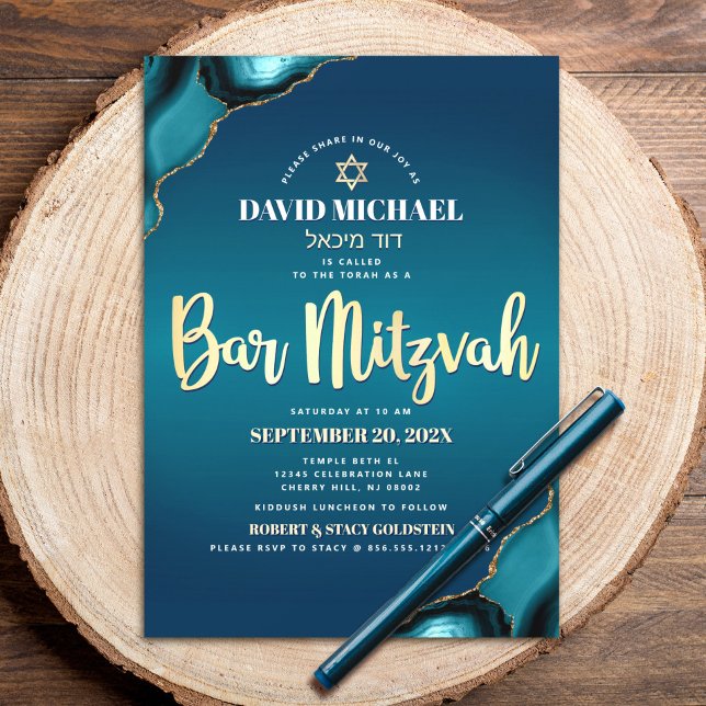 Convite Bar Mitzvah Turquoise Agate Dourado Script Bold (Criador carregado)