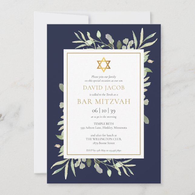 Convite Bar Mitzvah Verde Água Azul-Marinho (Frente)