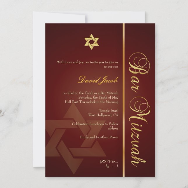 Convite Bar Mitzvah/vermelho carmesim/ouro (Frente)