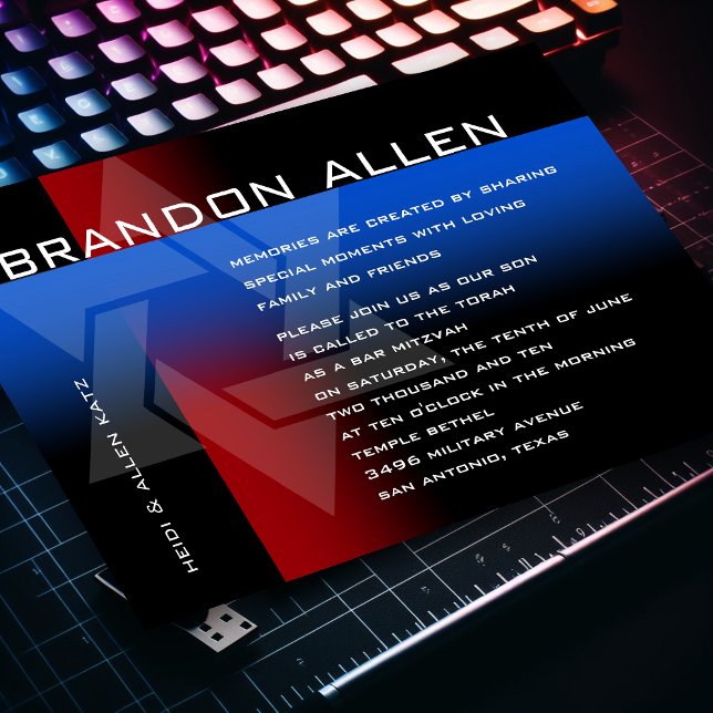 Convite Bar Mitzvah Vermelho e Azul em Qualquer Cor (Criador carregado)