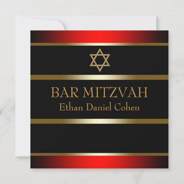 Convite Bar Mitzvah Vermelho Preto Dourado (Frente)