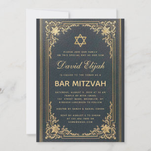 Convite Bar Mitzvah Vintage Elegante Estrela Dourada Azul 