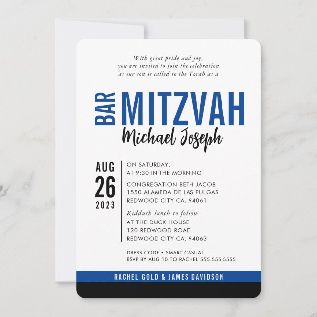 Convite BAR MODERN MITZVAH data de tendência azul real pre (Frente)