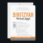 Convite BAR MODERN MITZVAH data de tendência cinza laranja<br><div class="desc">por kat massard > WWW.SIMPLYSWEETPAPERIE.com Ame o design,  mas gostaria de ver algumas mudanças - outro esquema de cores,  produto,  adicionar uma foto ou adaptado para uma ocasião diferente - não me preocupes simplesmente me contatar - estou feliz em ajudar! - - - -</div>