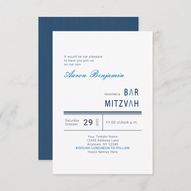 Convite Bar Moderno Azul Mitzvah (Frente/Verso)