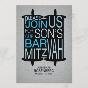 Convite Bar Moderno de Torah Mitzvah Invoca Cinza e Azul