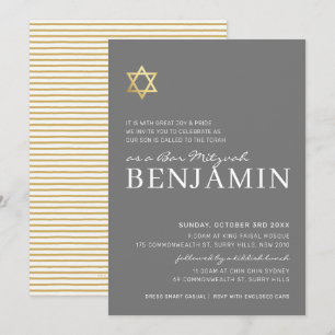 Convite Bar moderno Dourado STAR Mitzvah, branco mínimo de