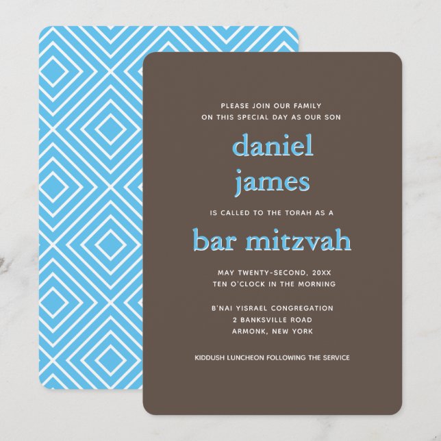 Convite Bar moderno Mitzvah Typografia Azul (Frente/Verso)