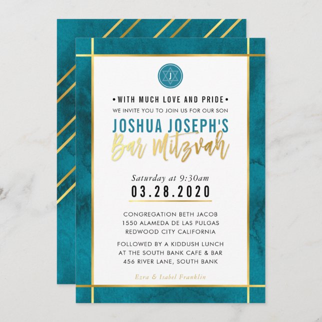 Convite BAR MONOGRAM MITZVAH Tal Blue Gold stripe (Frente/Verso)