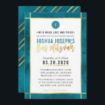 Convite BAR MONOGRAM MITZVAH Tal Blue Gold stripe<br><div class="desc">pelo kat massard >> kat@simplysweetPAPERIE.com <<< design de convite de tendência para o BAR do seu filho MITZVAH Setup como modelo, é simples você adicionar seus próprios detalhes ou clicar no botão personalizar e você pode adicionar ou alterar texto, fontes, tamanhos etc. DICA: 1. Para alterar/mover gráficos / alterar a...</div>