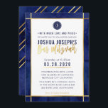 Convite BAR MONOGRAMA MITZVAH azul escuro ouro aquarela<br><div class="desc">pelo kat massard >> kat@simplysweetPAPERIE.com <<< design de convite de tendência para o BAR do seu filho MITZVAH Setup como modelo, é simples você adicionar seus próprios detalhes ou clicar no botão personalizar e você pode adicionar ou alterar texto, fontes, tamanhos etc. DICA: 1. Para alterar/mover gráficos / alterar a...</div>