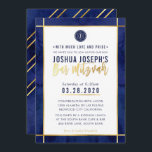 Convite BAR MONOGRAMA MITZVAH azul escuro ouro aquarela<br><div class="desc">pelo kat massard >> kat@simplysweetPAPERIE.com <<< design de convite de tendência para o BAR do seu filho MITZVAH Setup como modelo, é simples você adicionar seus próprios detalhes ou clicar no botão personalizar e você pode adicionar ou alterar texto, fontes, tamanhos etc. DICA: 1. Para alterar/mover gráficos / alterar a...</div>